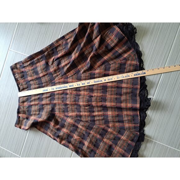 Vtg Plaid Skirt Medium Brown Dark Academia Preppy Women's Lace Trim - Picture 4 of 7